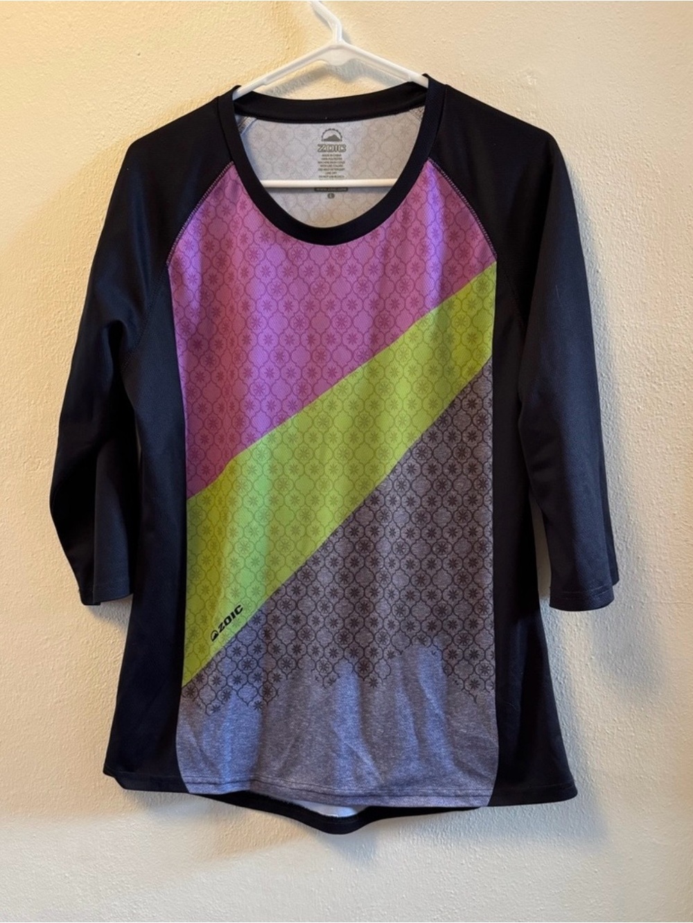 Zoic Womens 3/4 Sleeve MTB Cycling Jersey Colorblock Pink Green Gray L